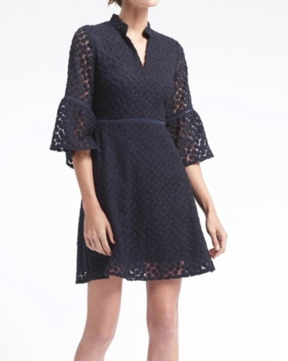 BANANA REPUBLIC Navy Long Sleeve Embroidered Dress // 4